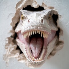 Obraz premium A dinosaur head sticking out of a hole in a wall