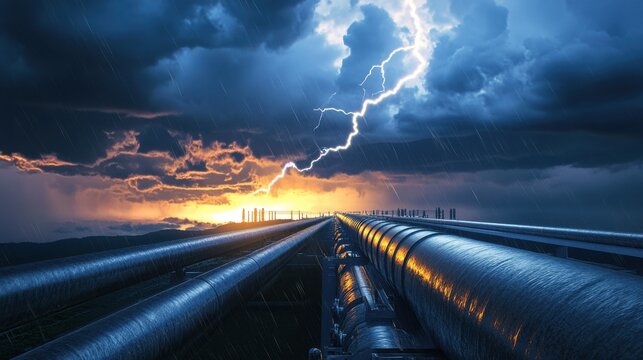 Steel Pipeline Against Thunderstorm Sky with Lightning. Generative ai