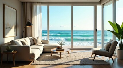 Fototapeta premium Coastal Living Room with Ocean View and Sunlight