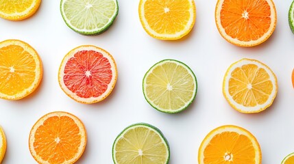 Fototapeta premium Colorful Assortment of Fresh Citrus Fruits Slices Arranged on a White Background for Vibrant and Healthy Food Concept
