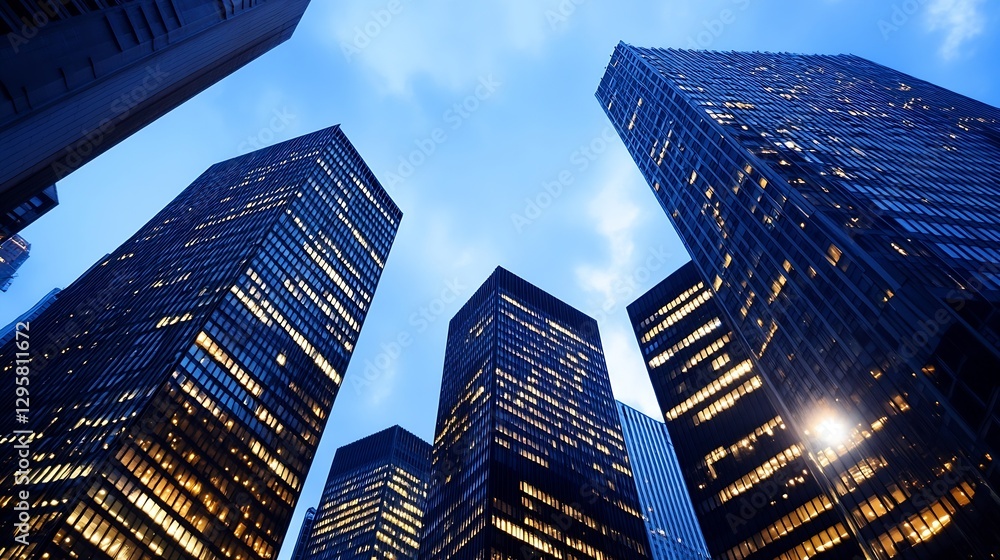 Poster stunning skyscraper views at dusk captured from the ground level in urban cityscape : generative ai