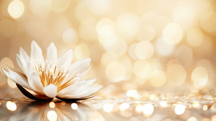 white lotus flower with golden bokeh background, serene ambiance