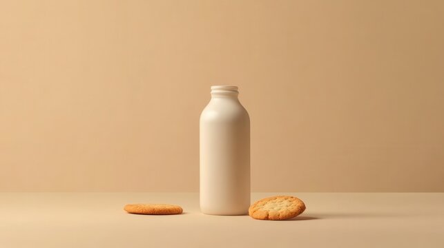 Glass milk bottle with cookies on neutral background in modern aesthetic arrangement highlighting simplicity and minimalism in food photography