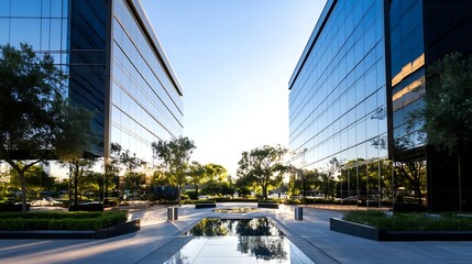 Fototapeta premium Beautiful urban office buildings reflecting sunlight in a serene outdoor setting : Generative AI