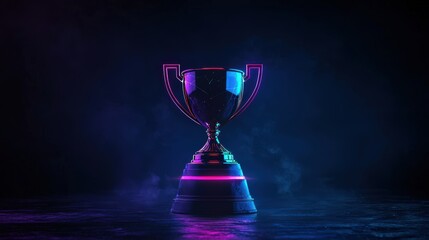 A glowing trophy standing alone in a dark and mysterious space