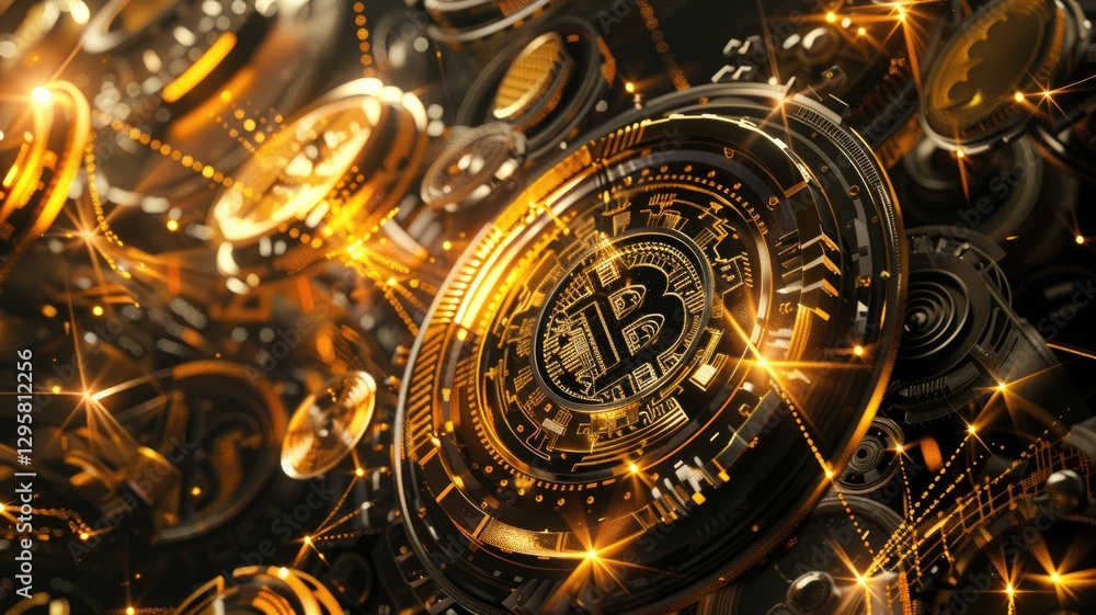 Poster digital image of glowing bitcoin coins floating in space with light trails. abstract artwork of gold