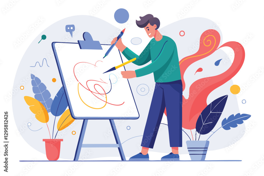 Poster creative individual engaged in a minimal vector illustration process with colorful elements and abst