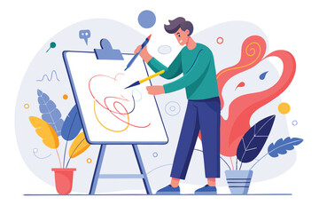 Fototapeta premium Creative individual engaged in a minimal vector illustration process with colorful elements and abstract designs in a relaxed environment