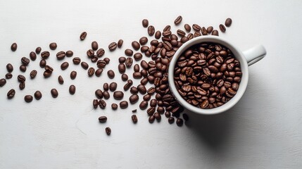 Close-Up View of Dark Roasted Coffee Beans Spilling From a White Coffee Cup on a Light Textured Surface