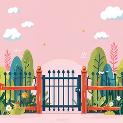 fence gate on plain pink background childish style illustration
