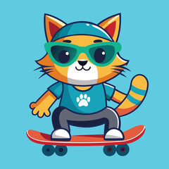 Cute cat skateboarding in a vibrant blue background with stylish sunglasses and a playful attitude, showcasing a fun and adventurous spirit