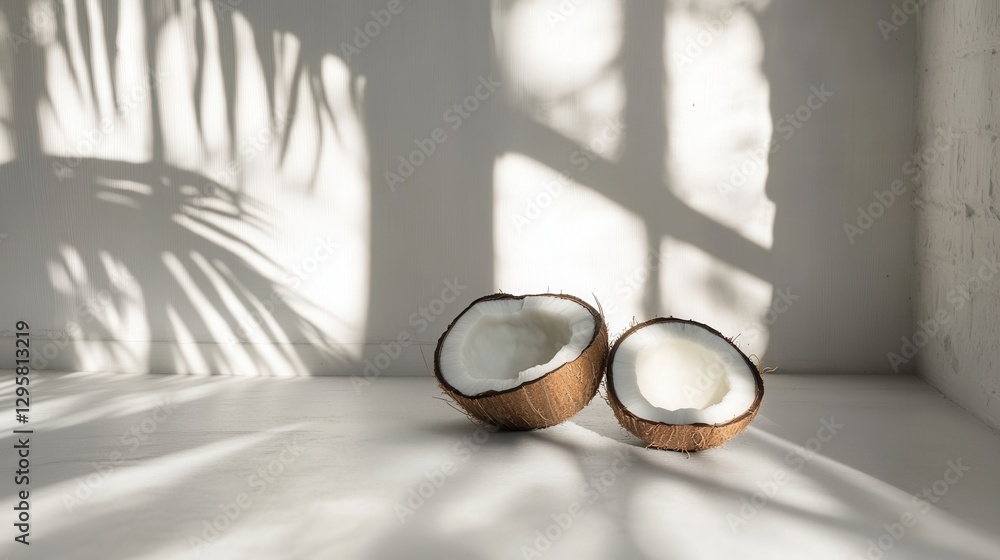 Poster freshly opened coconut halves on minimalist surface with soft shadows and natural light creating a t
