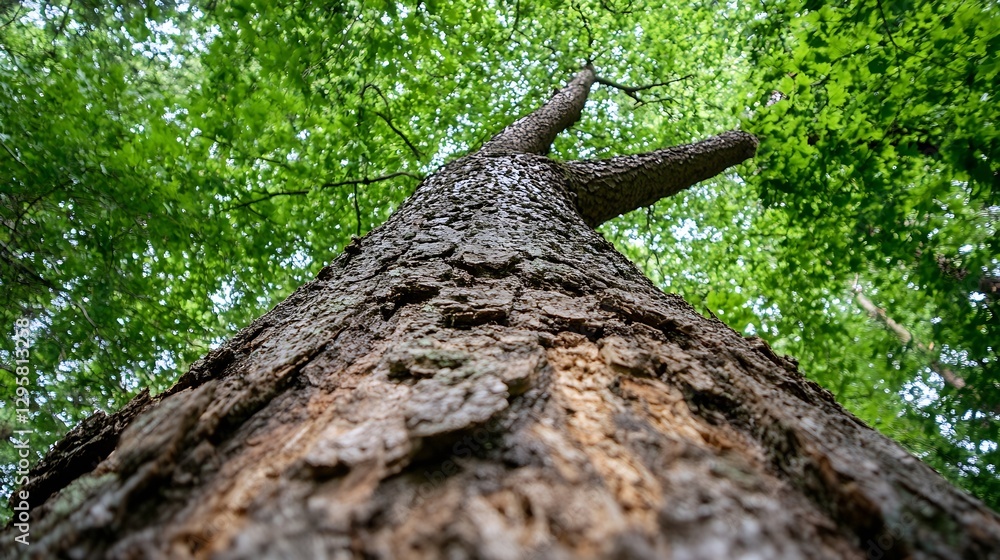Poster majestic view of a tall tree reaching towards the green canopy above : generative ai