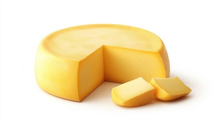 Round Yellow Cheese Wheel with Slice Removed Displaying Smooth Texture and Fresh Appearance on Plain Background