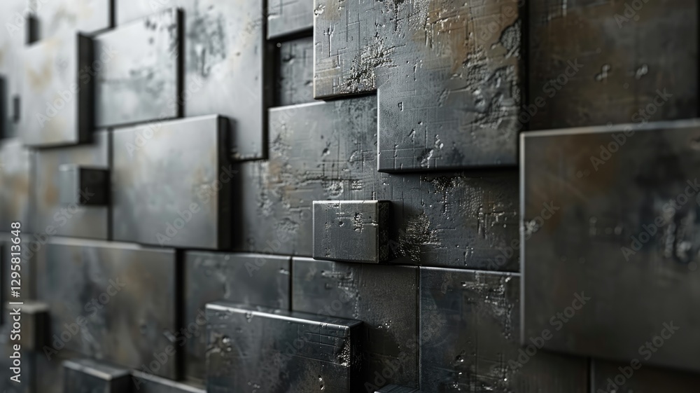 Poster abstract metallic geometric blocks in grey and gold. abstract artwork of 3d rendering art with geome