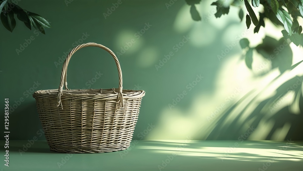 Aufkleber woven basket placed on a green surface with soft shadows and leaves in the background creating a cal