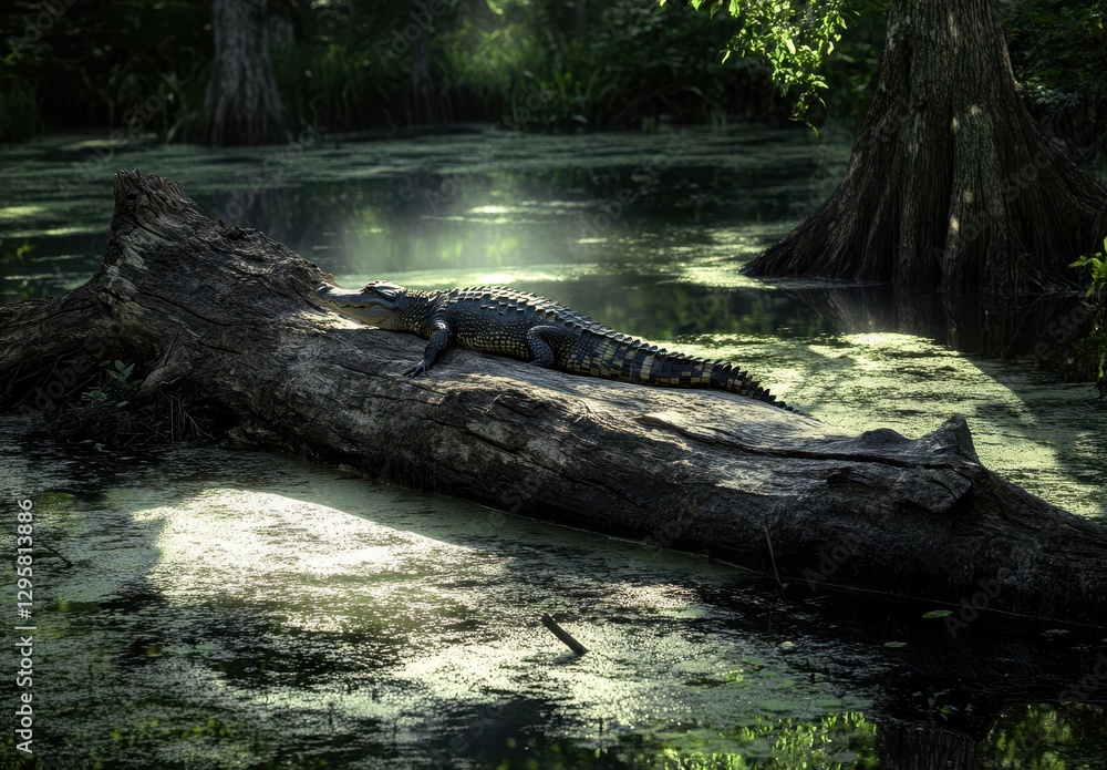 Aufkleber alligator relaxing on a log in a serene swamp environment with sunlight filtering through lush green