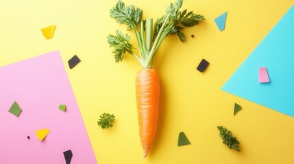 Fresh Organic Carrot Isolated on Bright Yellow Background Surrounded by Colorful Geometric Shapes and Green Herbs for Vibrant Healthy Food Concept