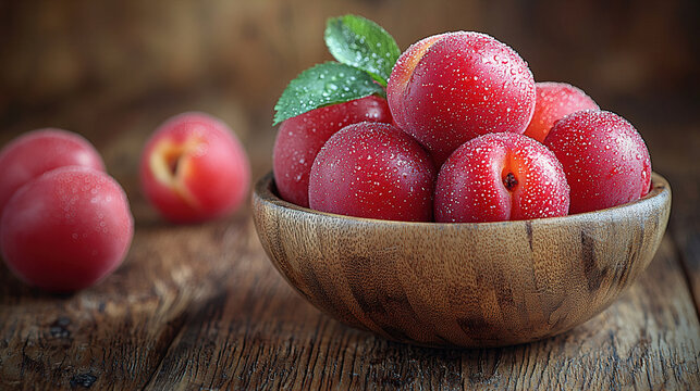 Fresh red plums with droplets in a wooden bowl on rustic table showcasing seasonal fruit and texture. Generative AI - Powered by Adobe