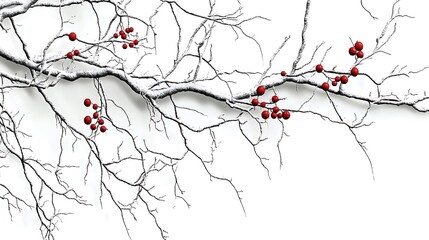 Snow covered branches with red berries on a white background