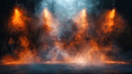 Dramatic spotlight illuminating a dark background with swirling smoke and glowing embers for cinematic texture overlays.