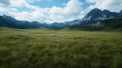 Fototapeta premium Vast Rocky Mountain Landscape with Lush Green Grass Under a Bright Blue Sky : Generative AI