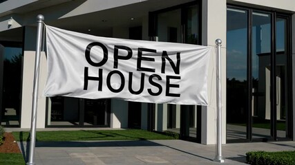 A large open house banner flutters in the wind, prominently displayed outside a contemporary home. Sunlight highlights the sleek architecture and inviting atmosphere for prospective buyers.