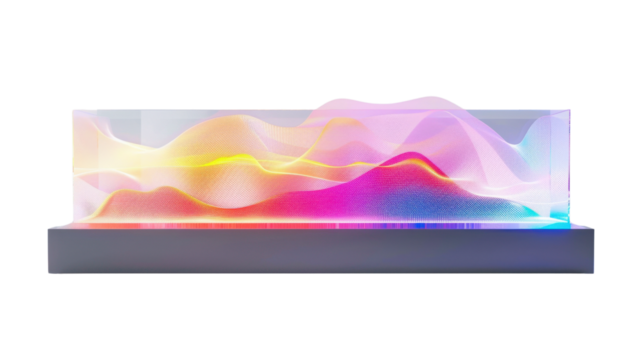 Colorful particle waves flowing inside glass display on transparent background