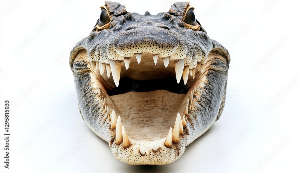 Poster alligator skull with wide open mouth displaying sharp teeth and realistic texture for animal, nature