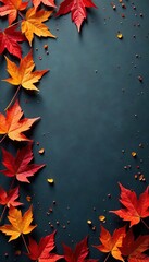 Amber foliage scattered across a dark gray canvas, gray background, leafy