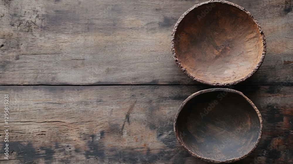 Poster top view of two rustic wooden bowls placed on a textured wooden table : generative ai