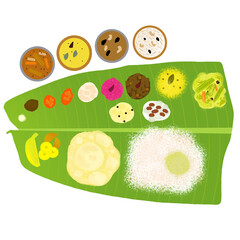Traditional kerala sadya served on a banana leaf Isolated on transparent background, png image,  it is mainly for festival of onam, vishu, pongal and diwali