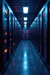 Fototapeta premium Blurred image of server room with flashing lights indicating system intrusion, spyware, digital