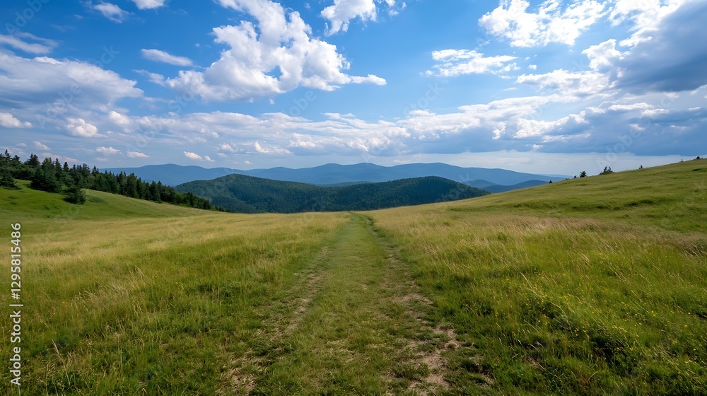 Poster breathtaking panoramic view of lush hills and valleys under a vibrant blue sky with puffy clouds : g