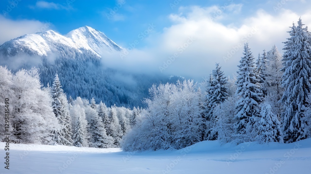 Poster snow covered pine trees and mountains create a winter wonderland scene : generative ai