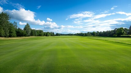 Expansive Golf Course Landscape Under a Bright Blue Sky for Golfing Activities and Outdoor Recreation : Generative AI