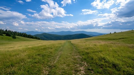 Breathtaking panoramic view of lush hills and valleys under a vibrant blue sky with puffy clouds : Generative AI