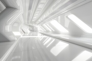Obraz premium Futuristic white hallway with glowing LED lights. Modern architectural interior design. Digital artwork of building interior with white color and curving structure. Architectural building. AIG51.