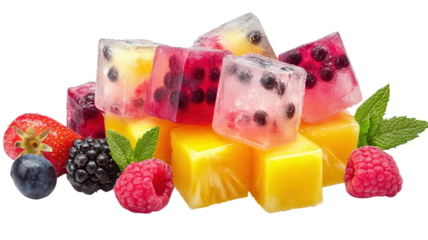 A refreshing image of fruit ice cubes made with mixed berries and tropical fruits like mango and pineapple, isolated on a transparent background.