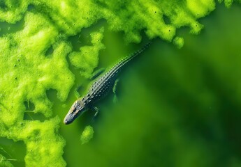 Fototapeta premium Alligator Swimming in Murky Green Water Surrounded by Algae and Foam in a Natural Habitat Environment Captured from Above