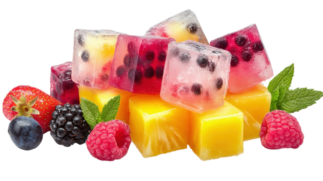 A refreshing image of fruit ice cubes made with mixed berries and tropical fruits like mango and pineapple, isolated on a transparent background.