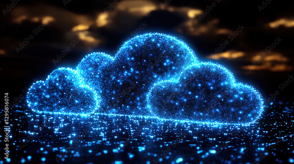 Poster digital blue clouds illuminated against a dark background reflecting light and creating a serene atm