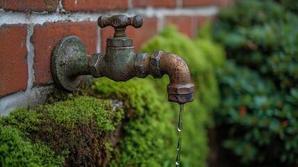 Leaking antique faucet on mossy brick wall