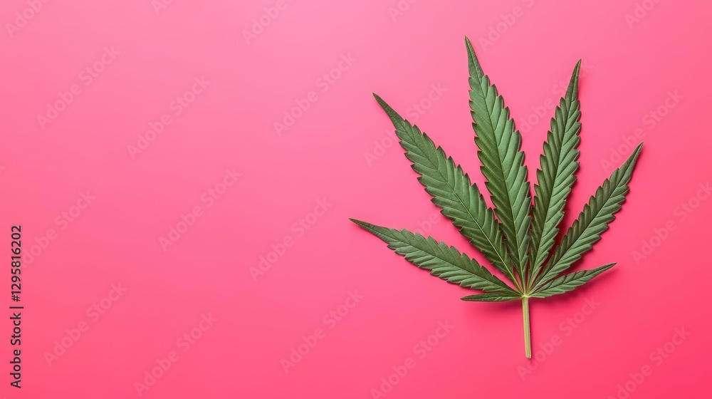 Poster marijuana leaf placed on a vibrant pink background creating a striking visual contrast in the compos