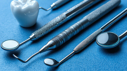 Dental tools and equipment displayed on a blue surface in a clinical setting showcasing oral health care instruments. Generative AI