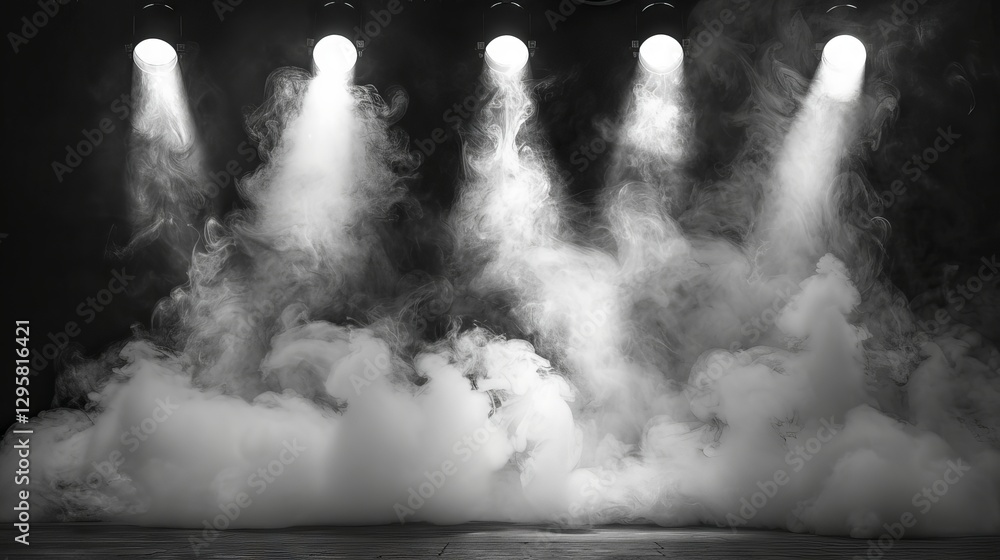 Poster dramatic spotlight illuminating a smoky backdrop with floating ember particles for a fiery, textured