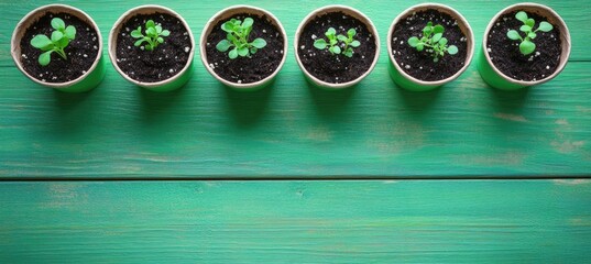 Sprouting seedlings in green cups on teal wood