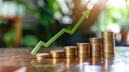 Growing stack of coins with upward arrow symbolizing financial growth and success