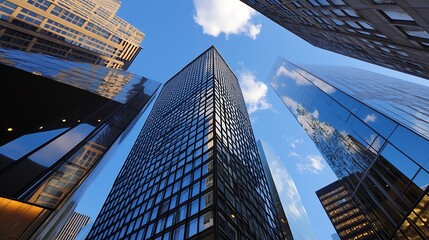 Naklejka premium Stunning Viewpoint of Skyscrapers Under Clear Blue Sky in Urban Setting : Generative AI