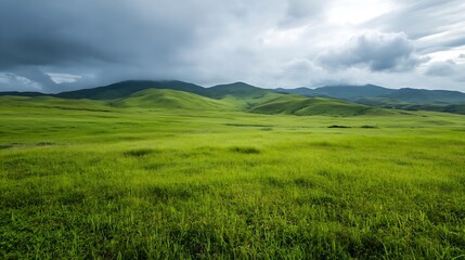 Fototapeta premium Lush Green Hills Under Dramatic Clouds in Scenic Landscape : Generative AI